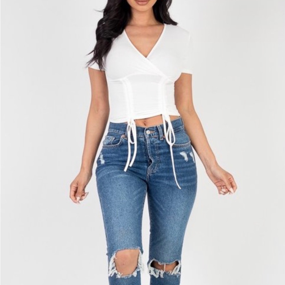 Boutique Ribbed Ruched Drawstring Crop Top Stretch Short Sleeve - Picture 5 of 5